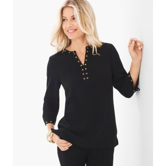 Chico's Tops - Chico's Blouse Womens 1 Black Grommet Split Neck 3/4 Sleeve Top Metallic Detail